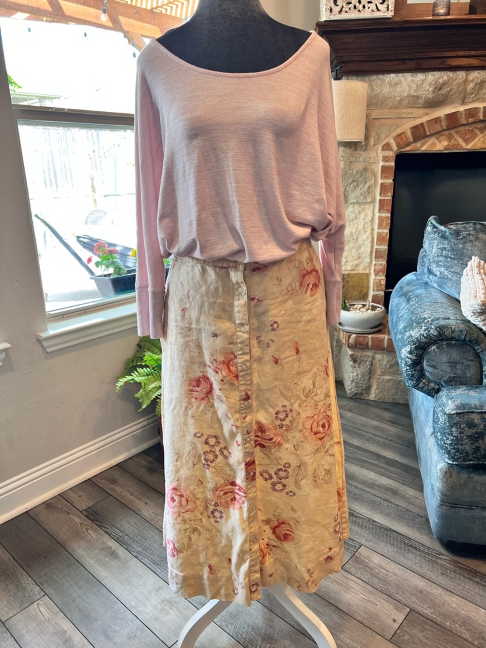 Ralph Lauren Cream Midi Skirt with Pink Floral Print